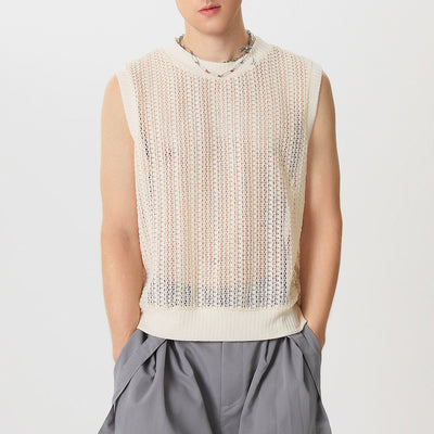 LinkMejor Mens Hollow Out Crew Neck Sleeveless Vest Sold Color Sheer Knit Crew Neck Tank Top for Male