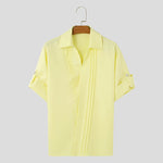 LinkMejor Mens Asymmetrical Pleated Short Sleeve Shirt Casual Solid Color Lapel Top for Male