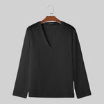 LinkMejor Men Fashion V-neck Long Sleeve T-shirt Comfy Loose Fit Solid Color Tshirt Top for Men Plus Size, Spring Fall