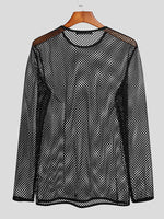 INCERUN Men Fashion Mesh See-through Casual Long Sleeve Hollow Black T-Shirt