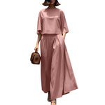 LinkMejor Women Two-piece Outfits 3/4 Sleeve O-Neck Top Elastic Waist Pleated Wide Leg Pants Sets