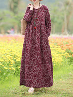 LinkMejor Women Floral Print O-Neck Long Sleeve Bohemian Holiday Maxi Dress With Pocket