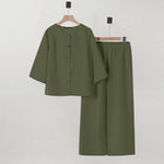 LinkMejor Women Vintage Crew Neck Long Sleeve Tops Elastic Waist Wide-Legged Pants Sets