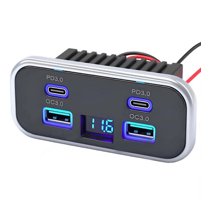 4-Port USB Car Charger Dual PD3.0 USB-C Dual QC3.0 Fast Charging 12V 24V Waterproof Metal Shell Digital Voltmeter Adapter for Car Marine RV Truck Boat Motorcycle