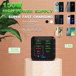 150W 6-Port 4USB+2PD Multi-port 5V 2.4A Fast Charger Wall Charger Adapter EU Plug for iPhone 13 14 14Pro for Redmi K60 for Huawei Mate50 for Samsung Galaxy S23