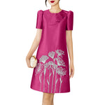 LinkMejor Womens Elegant Floral Embroidery Satin Dress Party Puff Sleeve Ruffles Knee Length Dresses