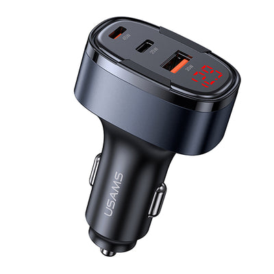 USAMS CC257 C42 100W 3-Port USB PD Car Charger Adapter USB-A+USB-C+iP Support PD QC AFC SCP FCP PPS Fast Charging with Red LED for iPhone 16 16 Pro 15 14 13 Pro Max for Huawei Mate XT for Xiaomi MIX Fold4 for Samsung Galaxy Z Flip6