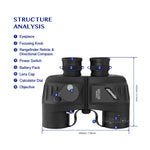 LinkMejor Powerful 10X50 Binoculars HD Military Marine Bird Watching Waterproof Telescope With Internal Rangefinder & Compass Telescope Night Vision Binoculos Teleskop AO3015B