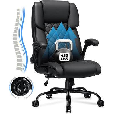 Hoffree Executive Office Chair Big and Tall 450lbs Heavy Duty Desk Chairs with Adjustable Lumbar Support High Back Home Computer Leather Chair with Flip-up Armrests for Heavy People
