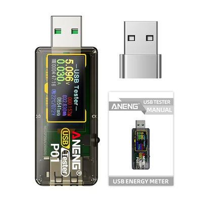 Aneng P01 USB Tester Energy Meter 4V-30V Measures Voltage Current Power Capacity Energy Color Reverse Display Screen Flip USB-A Output Power-Off Memory With Type-C adapter