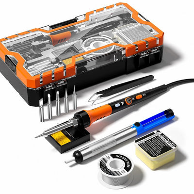 Premium 60W Adjustable Temperature Soldering Iron Kit Ceramic Heater 200-450°C Includes Solder Tips Solder Wire Desoldering Pump Solder Paste Silicone Handle Electric Soldering Tool for DIY and Repairs
