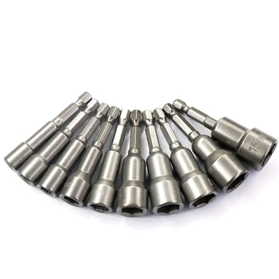 10PCS Impact Socket Magnetic Nut Screwdriver Set 6mm-19mm Heat-Treated Chrome Vanadium Steel 1/4" Hex Key Drill Bit Adapter for Power Drills and Impact Drivers
