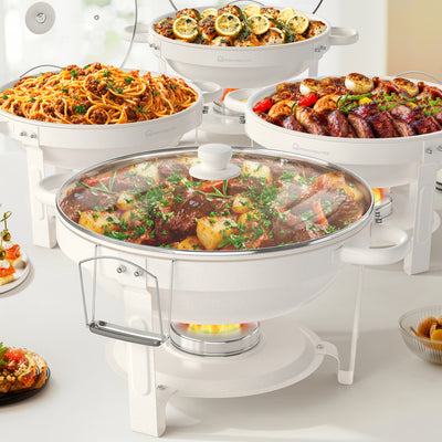 LinkMejor White Chafing Dishes for Buffet with Glass Lid (5QT, 2/4Pack), Maifanite-Coated Round Chafing Dish Set w/Mirror-Polished Stainless Steel, Rolled Rim, Stackable, Lid Holder for Party, Wedding