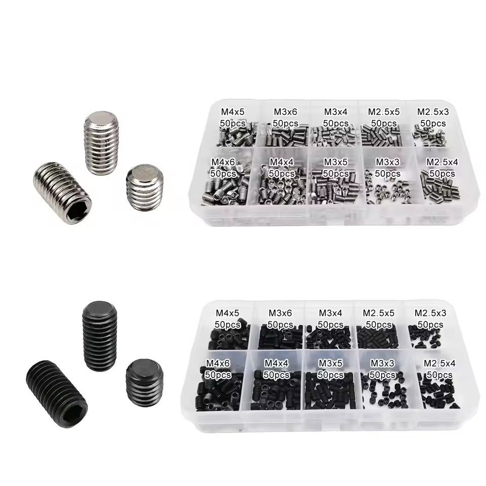 500pcs DIN913 Hex Hexagon Socket Allen Flat Point Set Screw Grub Bolt M2.5 M3 M4 304 A2 Stainless Steel Grade 12.9 Steel Kit with Box