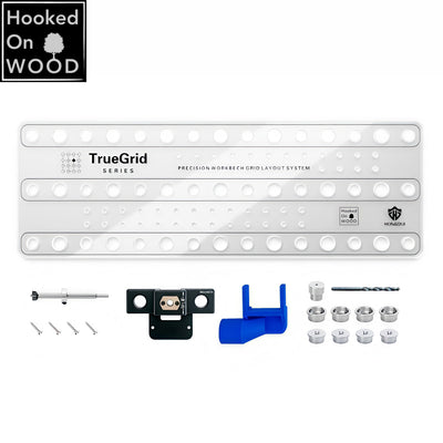 LinkMejor Hooked On Wood TrueGrid Dog Hole Drill Guide Precision 20mm Grid No CNC Required 20mm Forstner Main Boring Guide With Dust Port 3mm Pilot Guide Stop Collar Workbench Grid Layout