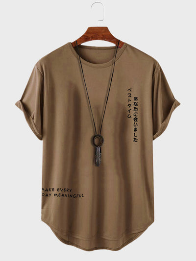 ChArmkpR Mens T-shirts Japanese Letter Print Curved Hem Casual Short Sleeve Tshirts