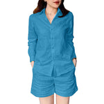 LinkMejor Women's 2pcs Suits Vintage Casual Long Sleeve Lapel Shirt Elastic Waist A-Line Shorts Cotton Linen Sets