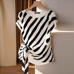 LinkMejor Women Striped Printed T-shirt Fashion Short Sleeve Tee Holiday Summer Holiday Belted Design Casual Simple Tops