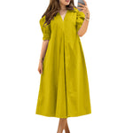 LinkMejor Women Vintage Fashion Solid Casual V-Neck Short Sleeve Dress Loose Fit with Side Pockets