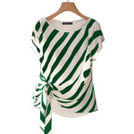 LinkMejor Women Striped Printed T-shirt Fashion Short Sleeve Tee Holiday Summer Holiday Belted Design Casual Simple Tops