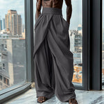 LinkMejor Mens Ruched Crossover Design Pant Fashion Solid Color High Waist Casual Long Trousers for Male