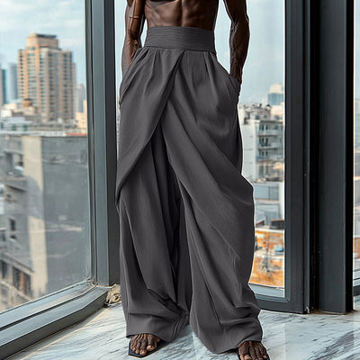 LinkMejor Mens Ruched Crossover Design Pant Fashion Solid Color High Waist Casual Long Trousers for Male