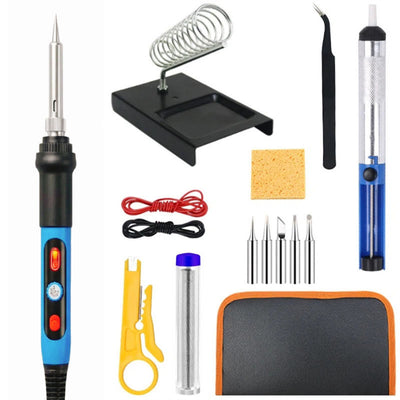 908N Internal Heating Soldering Iron Kit 15pcs 80W Adjustable Temperature 200-500°C With Stand Tips Desoldering Pump Tweezers Storage Bag