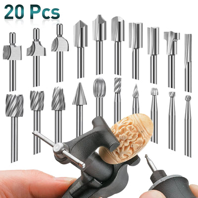 20 Piece HSS Woodworking Rotary File Set Universal 3mm Shank Compatible with Most Rotary Tools for Carving Engraving Shaping Hollowing