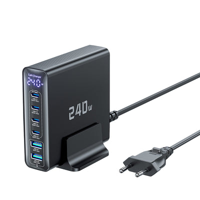 [GaN Tech] Toocki TCT240-33 240W 6-Port USB PD Charger with Smart Digital Display 2USB-A+4USB-C PD3.1 Fast Charging Desktop Charging Station EU Plug for iPhone 17 17Pro 16 Pro Max 15 14 for Xiaomi 17pro for Huawei Mate XTs