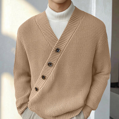 LinkMejor Mens Textured Asymmetrical V-Neck Long-Sleeve Sweater Comfortable Solid Color Casual Fall Winter Top S-5XL
