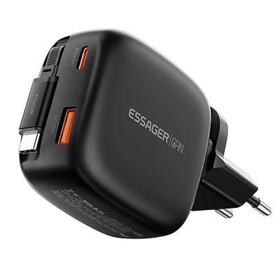 [GaN Tech] ESSAGER ES-CD60 65W 2-Port USB PD Charger with USB-C Retractable Cable+USB-A+USB-C PD3.0 QC4.0 PPS Fast Charging Wall Charger Adapter EU Plug for iPhone 17 17Pro 16 Pro Max 15 14 for Xiaomi 17pro for SAMSUNG for OPPO