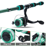 LinkMejor Spinning Fishing Rod Reel Combos 1.8M Telescopic Rod with 5.2:1 3BB Fishign Reel Max Drag 5kg Full Fishing Kit-Green