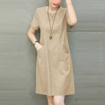 LinkMejor Women Daily Casual Side Pockets V-Neck Short Sleeves Solid Color Dresses