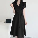 LinkMejor Womens Puff Sleeve V Neck Belted A Line Midi Dress Party Gown Long Dresses