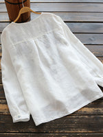 LinkMejor Plus Size Women Cotton Linen V-Neck Embroidery Patterns Casual Loose Blouse