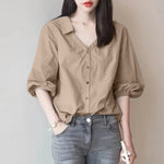 LinkMejor Women's Blouse Commute New Fashion Lantern Sleeve V-Neck Lapel Solid Office Top Shirt
