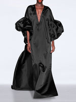 Puff Sleeve Ruffles Loose Fit V-Neck Leisure Maxi Dress For Women