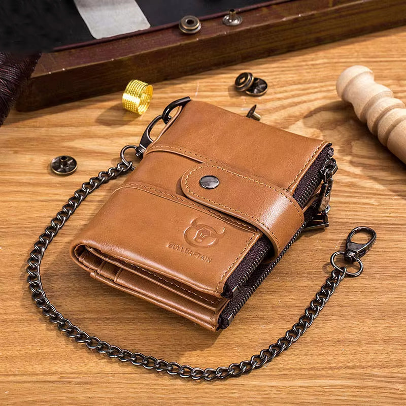 LinkMejor Cow Leather Men Wallet Short with Chain Multi Card Slot Double Zipper Business Retro Coin Purse Holder Credit Card Organizer Stylish Male Money Clutch Bags