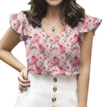 LinkMejor Women's Blouse Vintage Shirt Summer Ruffle Short Sleeve V-Neck Floral Loose Hot Selling Style Top Pullover