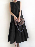 Women Sleeveless Solid Color O-neck Casual Layered Maxi Dress