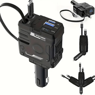 4 in 1 Retractable Car Charger Support 120W USB C Car Charger Adapter with 2 USB Ports Car Phone Charger for Samsung