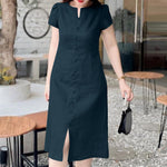 LinkMejor Women's Dresses Vintage Front Split Solid O-Neck Short Sleeve Dress