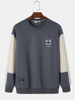 ChArmkpR Mens Smile Face Print Contrast Patchwork Pullover Sweatshirts