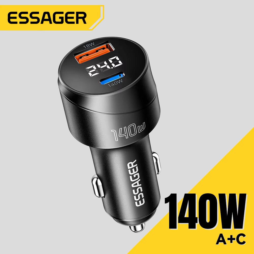 LinkMejor 140W USB-A Type-C Car Charger Multi-Protocol PD Fast Charging Digital Display Aluminum Alloy Universal Fit 12-24V Car