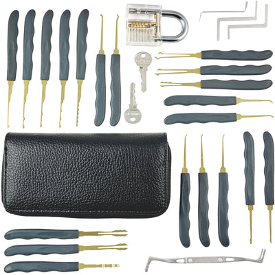 LinkMejor 24pcs Single Hook Lock Pick Set with 1Pc Transparent Lock Locksmith Practice Training Skill Set
