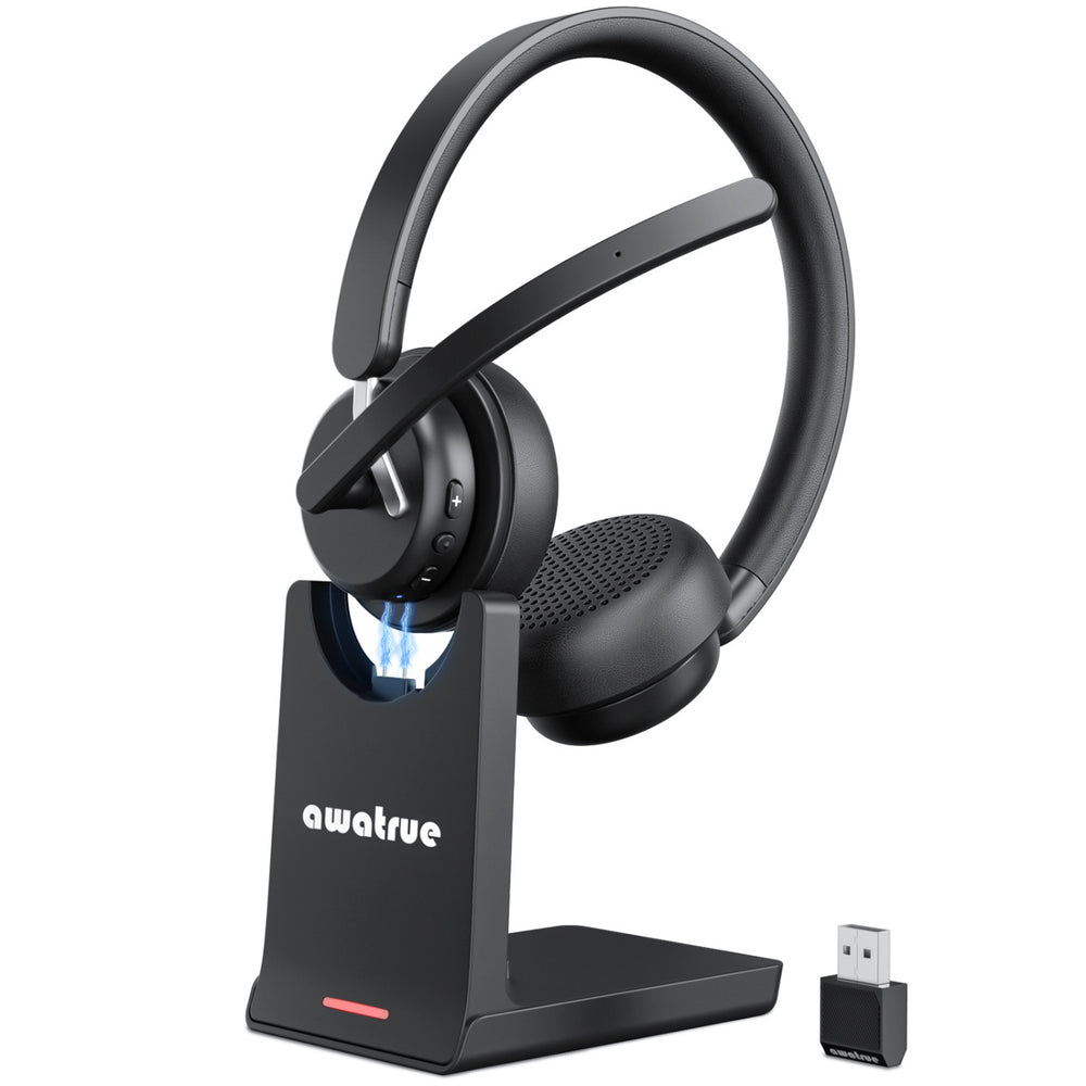 Awatrue EH11 2.4G Wireless Headset bluetooth Headphone with Charging Base AI Call Noise Cancelling 50mm Drive Unit 30H Play Time Comfortable Design On-ear Headphones with External Microphone