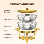 Warmounts Gold Chafing Dishes for Buffet (5QT, 2/4 Pack), Round Stainless Steel Chafer and Warmer Set with Lid Holder, Mirror-polished, Rolled Rim Process (No Finger Cuts), for Catering, Party, Wedding