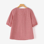 LinkMejor Women Plaid Blouses Shirt Trendy Casual Round Neck Top with Pleats Short Lantern Sleeves Shirt Loose Fit