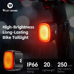 WEST BIKING High-Brightness Bike Taillight IP66 Waterproof Bicycle Rear Light with 6 Modes Long-Lasting 250mAh Battery Type-C Rechargeable Safety Light