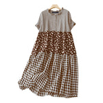 LinkMejor Women Loose Patchwork Check Floral Dress Stylish Short Sleeve Pleated Crew Neck Shirt Dress for Women Plus Size